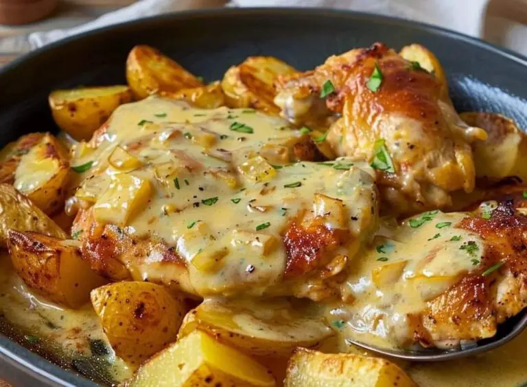 Pollo con patatas en salsa de queso