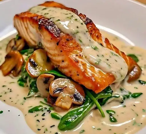 Salmón a la Mantequilla de Ajo con Espinacas y Champiñones en Salsa Cremosa 1