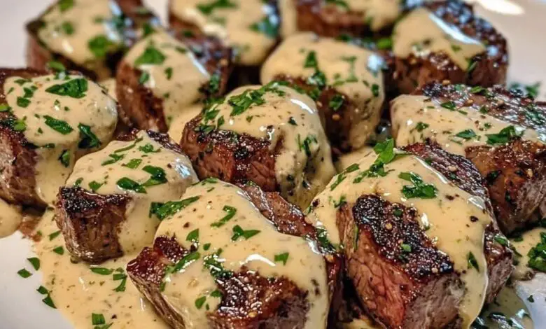 Trocitos de carne en salsa de mantequilla de ajo con crema de parmesano 1