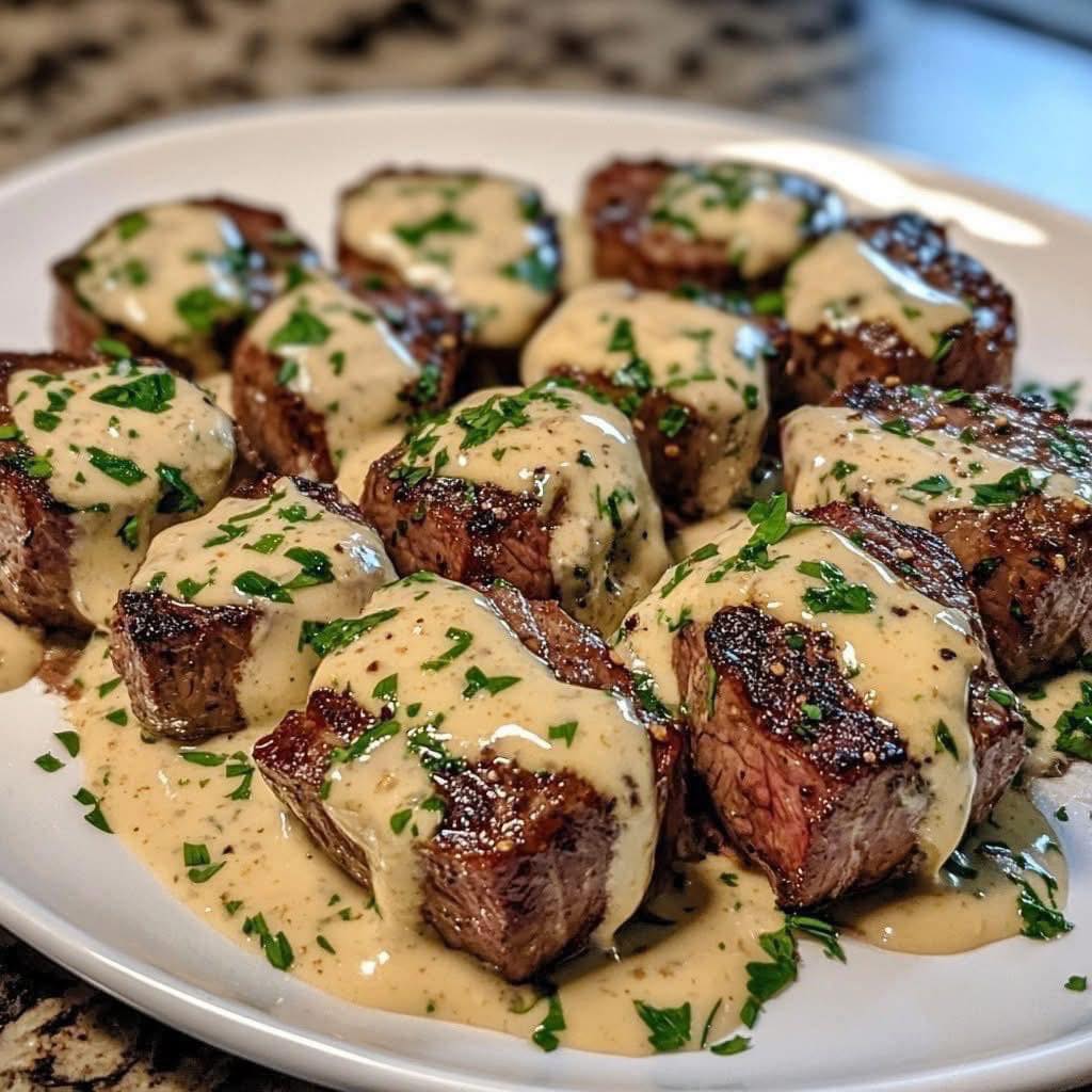 Trocitos de carne en salsa de mantequilla de ajo con crema de parmesano