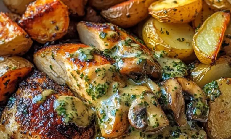Pollo Picante con Miel y Ajo + Papas Rostizadas con Crema de Chalotas Caramelizadas y Pesto de Champiñones 1