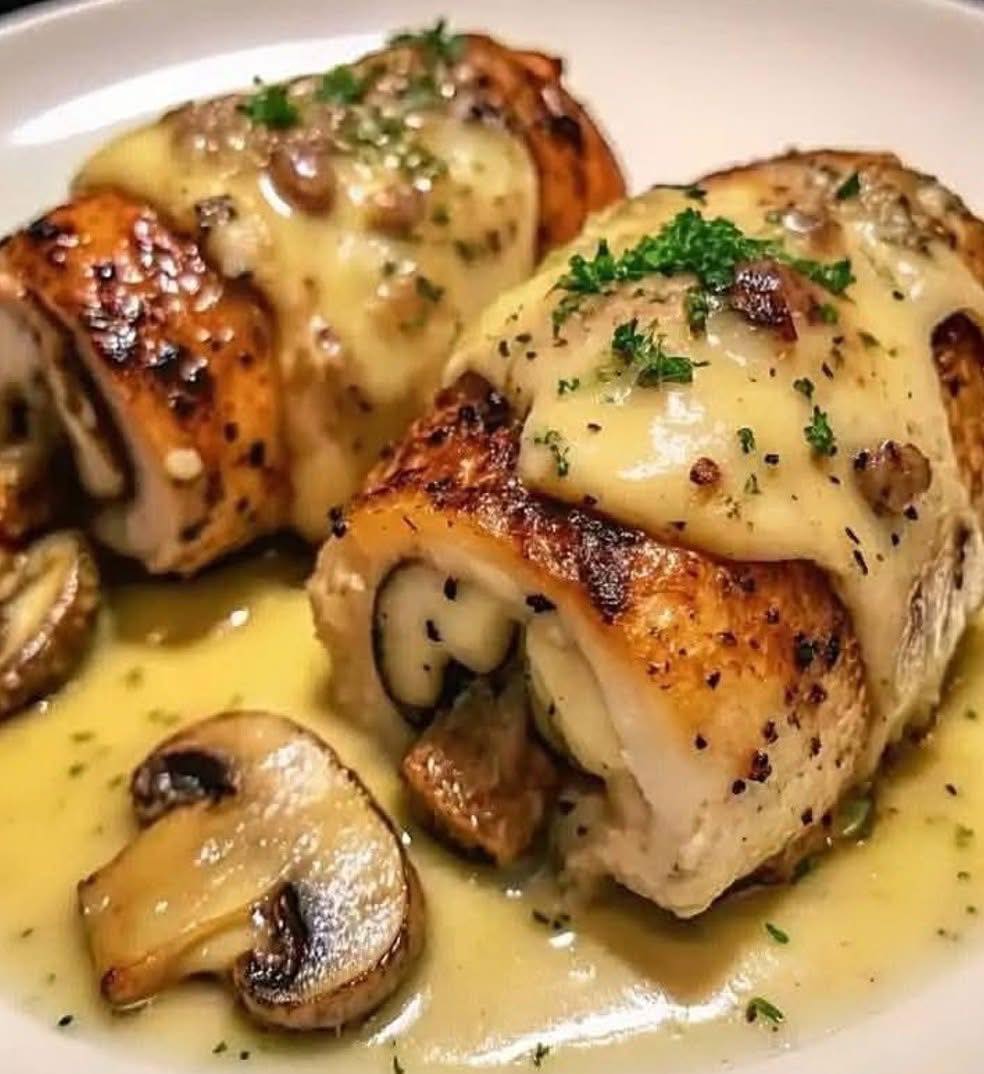 🧆✨ Historia del “Pollo Relleno de Champiñones con Mantequilla de Ajo y Queso”