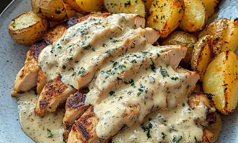 Pollo Alfredo con Doble Parmesano y Ajo, acompañado de Papas Crujientes y Pesto Cremoso de Champiñones con Trufa 1