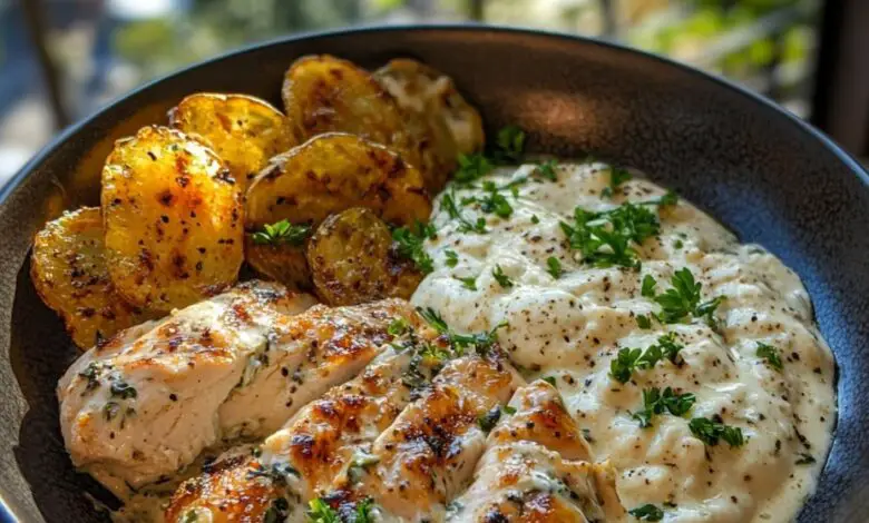 Tuscan Greek Chicken Alfredo con Truffle Feta Cream & Crispy Sage Potatoes 1