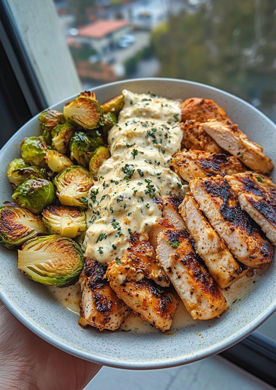Bowl de Pollo Griego Picante Alfredo con Feta Batido con Miel Picante y Coles de Bruselas Crujientes