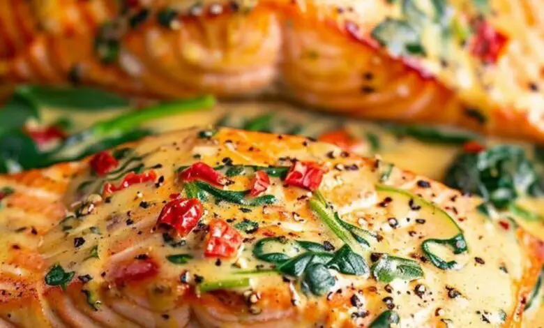 Salmón Asado con Espinacas Cremosas y Pimientos Rojos 1