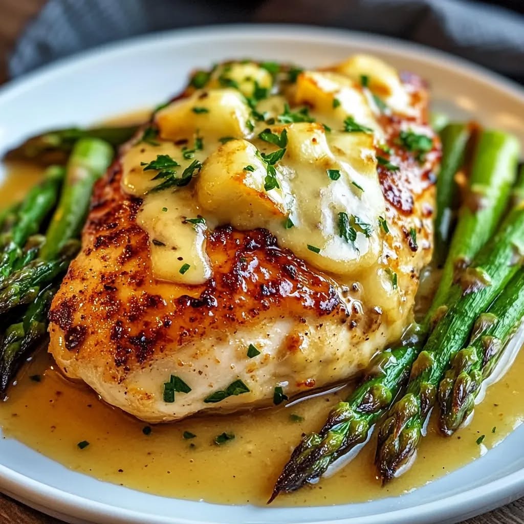 Pollo con Miel y Mostaza con Espárragos Asados y Queso