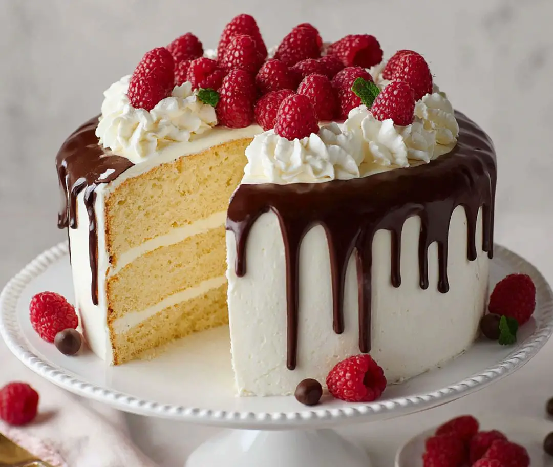 PASTEL DE TRES CAPAS CON CREMA, FRAMBUESAS Y GANACHE DE CHOCOLATE