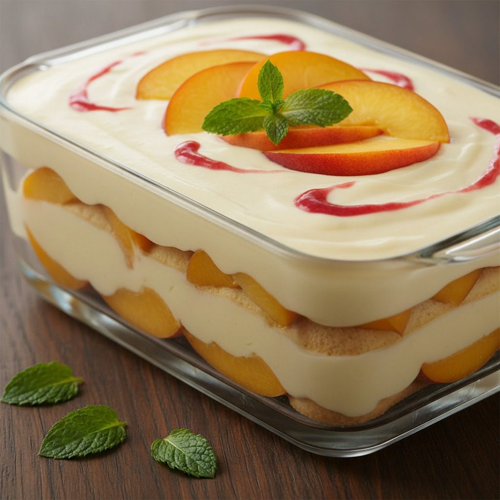 Postre Frío de Melocotones con Gelatina de Nata y Melocotón