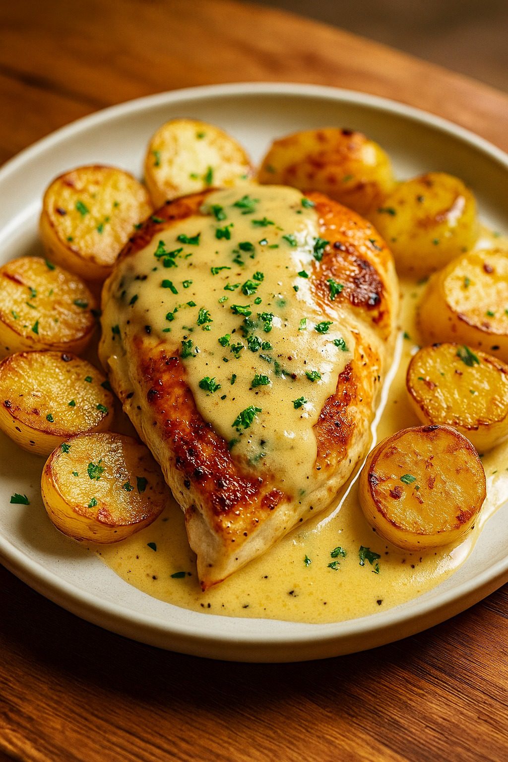 Pechuga de Pollo con Salsa de Queso y Patatas Asadas