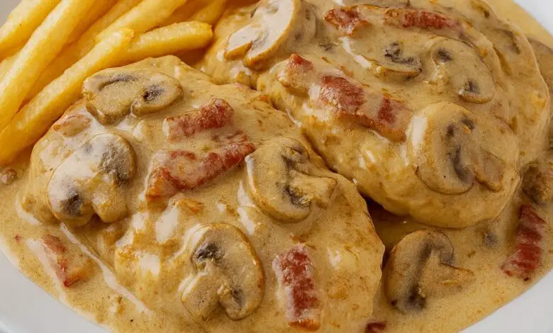 Filetes de Cerdo en Salsa de Nata, Jamón y Champiñones 1