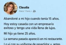 Abandoné a mi hijo cuando tenía 15 años porque quería una vida mejor. Diez años después apareció en mi restaurante vestido de repartidor y lo humillé delante de todos. Pero tres días después, mi esposo llegó llorando con una fotografía que destruyó mi mundo.